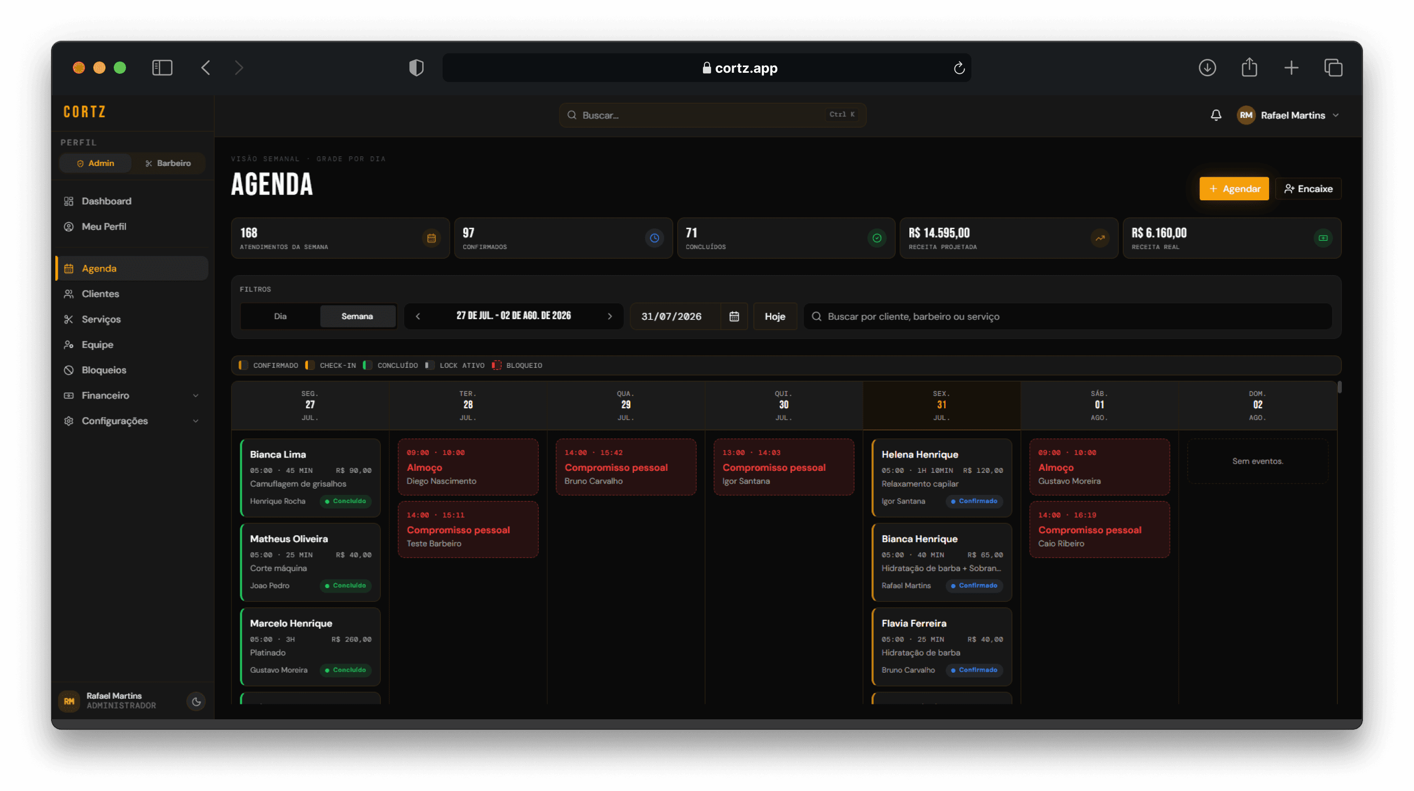 Tela de agenda do painel Cortz