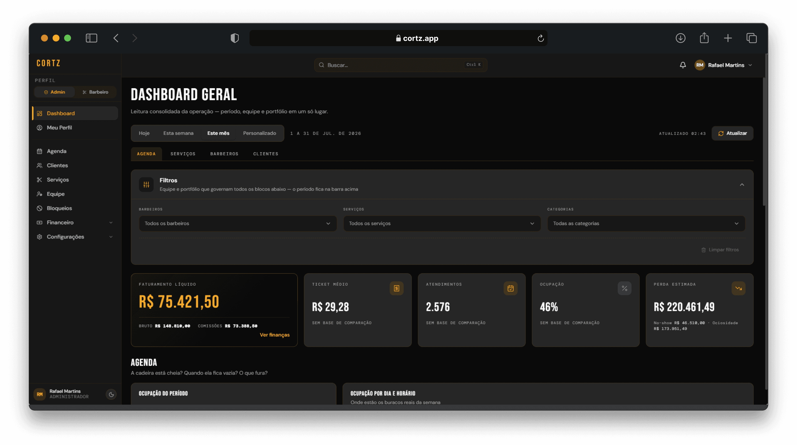 Tela de dashboard do painel Cortz